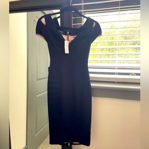 Bebe midi dress, black with pink satin lining, size 00